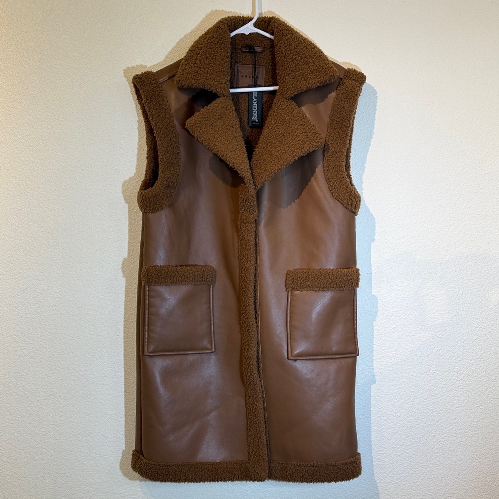 Blank NYC Tan Faux Leather Vest with Sherpa Trim